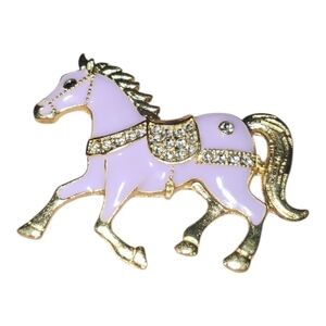Vintage Style Lavender Enamel & Rhinestone Horse Brooch – Gold Tone New
